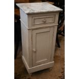 A cream painted bedside cabinet with marble top, 40 cm wide x 40 cm x 88 cm high