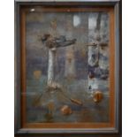 Elizabeth Macfarlane - 'Incubation', mixed media linen and feathers on board, signed with