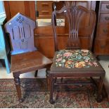 A Victorian oak hall chair to/with a Georgian mahogany dining side chair, with tapestry seat (2)