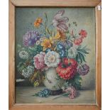 E Bromhall - Still life study with summer flowers, oil on canvas, signed, 54 x 44.5 cm, a/f