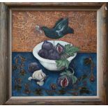 Elizabeth Macfarlane - Blackbird and bowl of figs, acrylic on board, signed, 59 x 59 cm, hand-