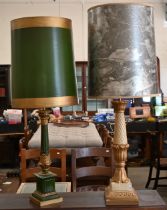 Two painted and gilded composite baluster table lamps with cylindrical shades, 106 x 100 cm high (2)