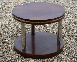 An Art Deco style rosewood veneered circlar lamp table with chromed tubular supports, 60 cm diam x