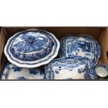 Various Victorian and later blue and white transfer-printed pottery, including jugs, meat dishes,