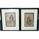 A pair of Indian pen drawings of courtesans, with gilt highlights, 18 x 12.5 cm and 17.5 x 11 cm