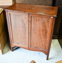 An old mahogany two door cupboard, on stile feet, 80 cm w x 39 cm x 92 cm h