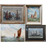 Two oil on canvas marine-scapes, a print of a clipper and S Stewart watercolour of sailing yachts (