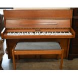 A 'Knight' teak-cased upright piano, 138 cm to/w box-seated duet stool (2)