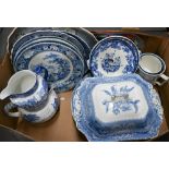 Seven various Victorian blue and white transfer-printed plates and dishes to/w a footed dish, tureen