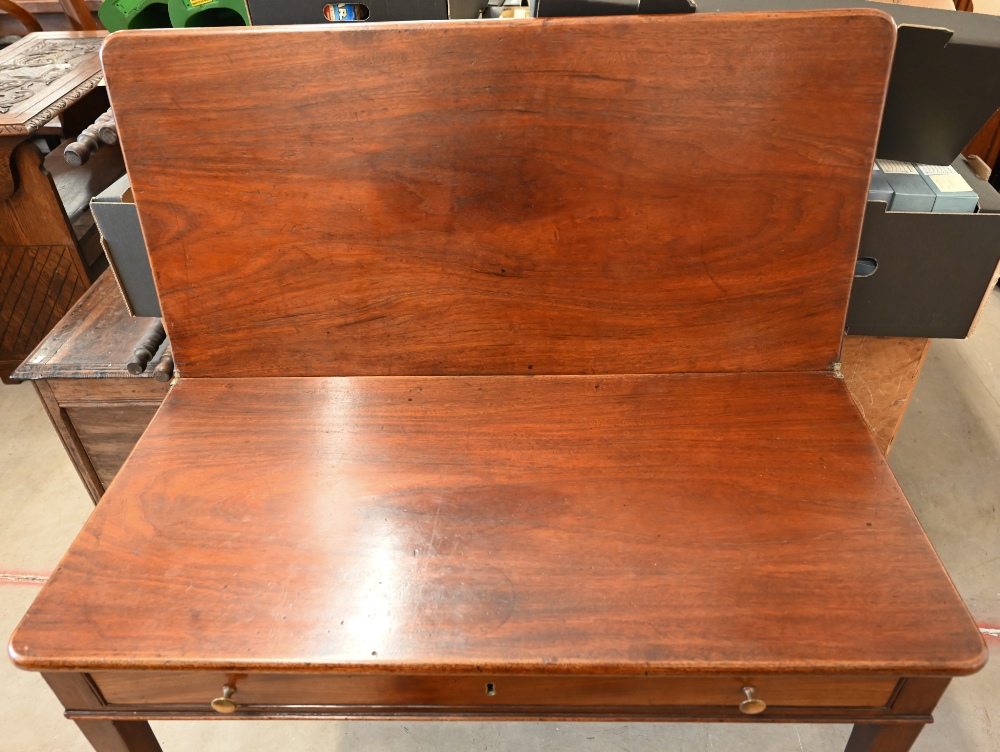 A 19th century mahogany folding tea table with single frieze drawer, tapering square supports, 92 cm - Image 4 of 6