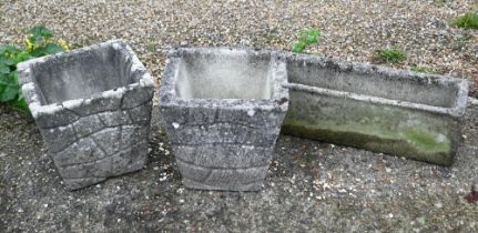 A pair of weathered cast stone planters to/with a similar trough planter (3)