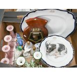 A Booths Royal Semi Porcelain blue-rimmed meat dish and fourteen dinner plates printed with crest