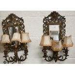 A pair of French style gilt metal girandole mirrors with bevelled glass, 52 cm high overall