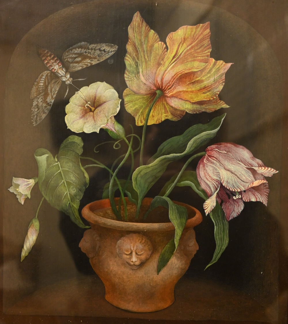 Elizabeth Macfarlane - 'Parrot tulips, Convolvulus and Moth', watercolour, signed, titled and - Image 2 of 4