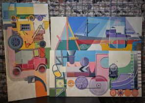 Edi Swan - Triptych - Three panels depicting abstract illustrative industrial/transport elements,