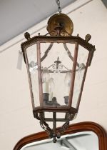 A hanging lantern with three fittings and etched glass floral design 58cm high approx