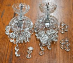 A pair of of ceiling lights hung with glass lustres, 40cm
