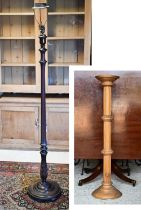 A traditional turned fluted standard lamp base to/with a modern pine pillar jardinière stand (2)
