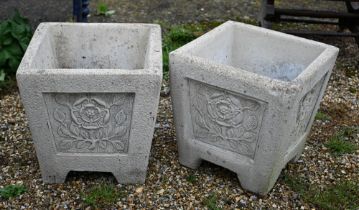 A pair of cast stone-crete garden planters with Hampshire rose motif panels (2)