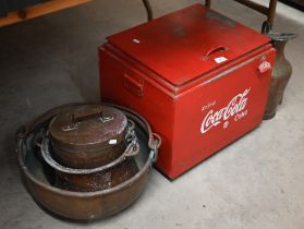 A metal Coca-cola cool-box (repainted), 46 cm wide to/w three copper cooking vessels, a jug and a