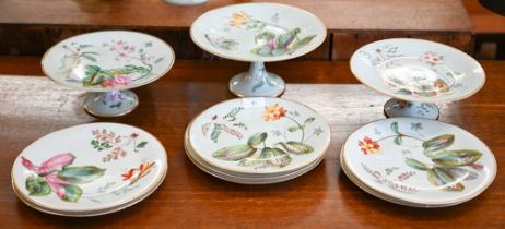 A Victorian china dessert service, comprising three comports and six 23 cm plates and a comport top,