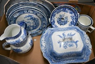 Seven various Victorian blue and white transfer-printed plates and dishes to/w a footed dish, tureen