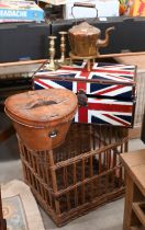 A leather hat box to/w a Union Jack small trunk, a wicker basket, copper kettle, 2 brass