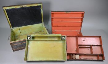 Two antique japanned steel despatch boxes with fitted interiors, 48/45 cm wide (2)