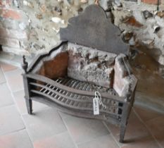 An old weathered cast iron fire basket, with arched backplate, 57 cm x 30 cm x 60 cm h o/all