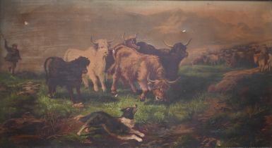 Early 20th century canvas print of Highland cattle in a landscape, 46 x 85 cm