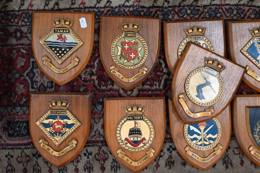 Ten Royal Naval ship's badges on oak shields, to/w a Royal Marines Badge - Image 2 of 3