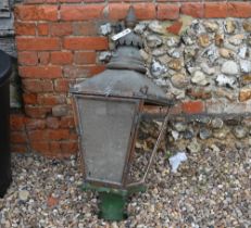 A weathered antique copper four window gas lantern hood c/with lamp post fitting - as found, 38 cm x