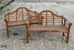 A pair of Lutyens design teak garden benches, 130 cm w, both at fault
