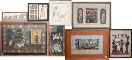 Mixed pictures including modern Egyptian papyrus studies, Indian Moghul-type silk paintings, etc (