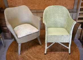 Two vintage Lloyd Loom style armchairs to/with two bar back side chairs and an open armchair (5)