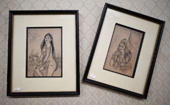 A pair of Indian pen drawings of courtesans, with gilt highlights, 18 cm x 12.5 cm and 17.5 cm x