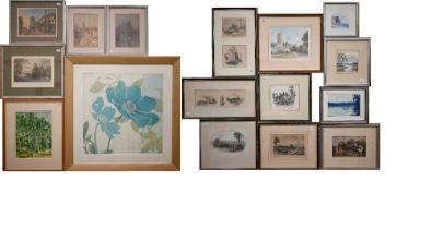 Mixed pictures including topographical steel engravings, Peter Milne watercolour, flower print
