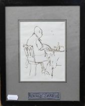 Ronald Searle (1920-2011) - Pen and ink sketch of a mean seated at a café table, 13 x 10 cm  ARR may