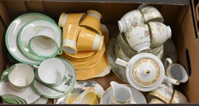 Two Art Deco Shelley china tea trios and a Royal Doulton 'De Luxe' pattern example, to/w another Art