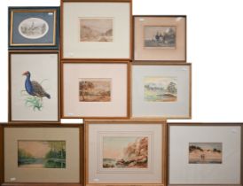 Mixed box of traditional watercolours including coastal view, river view, landscapes etc to/w P