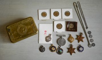 A 1914 Queen Mary Christmas-box c/w original greetings card, to/w three World War II medals, five