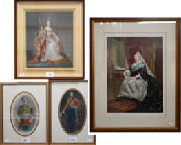 Study of a seated Queen Victoria, 28 x 23 cm to/w hand-coloured engravings by J Brown (4)