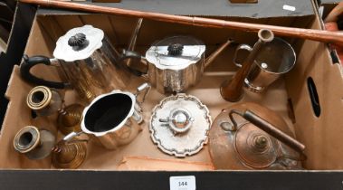 A Mappin & Webb EP coffee pot, teapot and sugar basin to/w a pair of Arts & Crafts brass