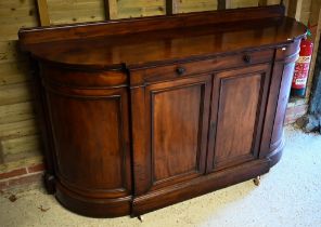 A Victorian mahogany bowfront sideboard, the top with raised back panel centred by a single drawer