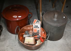 A large red enamel storage bin and cover, 29 cm high x 37 cm diam, to/w a galvanised ham-boiler with