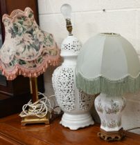 A brass table lamp and two ceramics lamps (3)