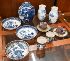 A pair of early 19th century Chinese blue and white saucer-dishes 14 cm to/w two similar coffee cups