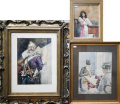 Three figurative studies - Sarailo - Cavalier, watercolour, 33 x 24 cm; Young lady at spinette,