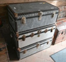 A pair of vintage zinc school type luggage trunks by Mossman, London, 90 cm x 51 cm x 35 cm h to/