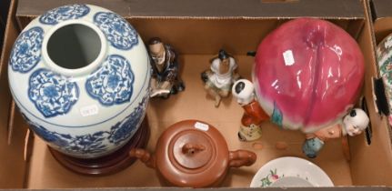 Two boxes of Chinese and other Asian ceramics including blue and white ovoid vase, a peach supported